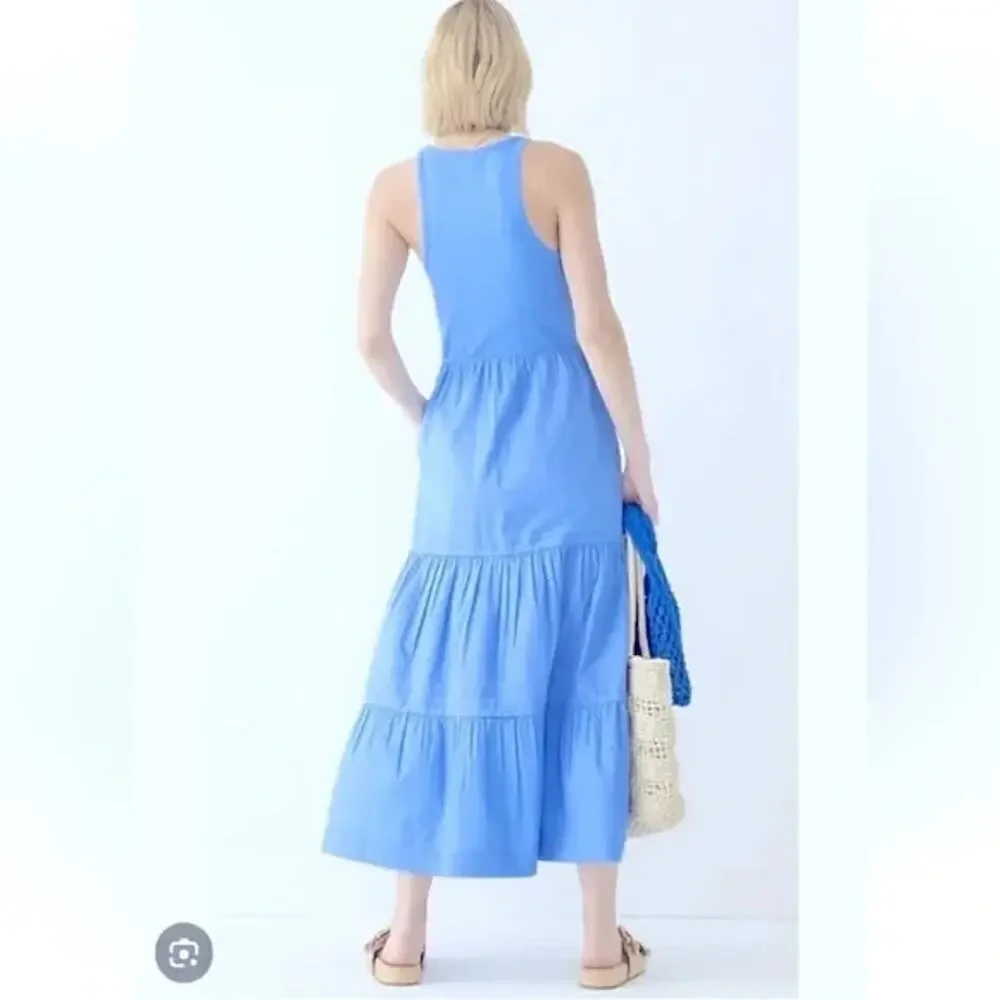 J Crew Vintage Rib High-Neck Cutaway Tank Dress with Poplin Skirt Blue Sz S
